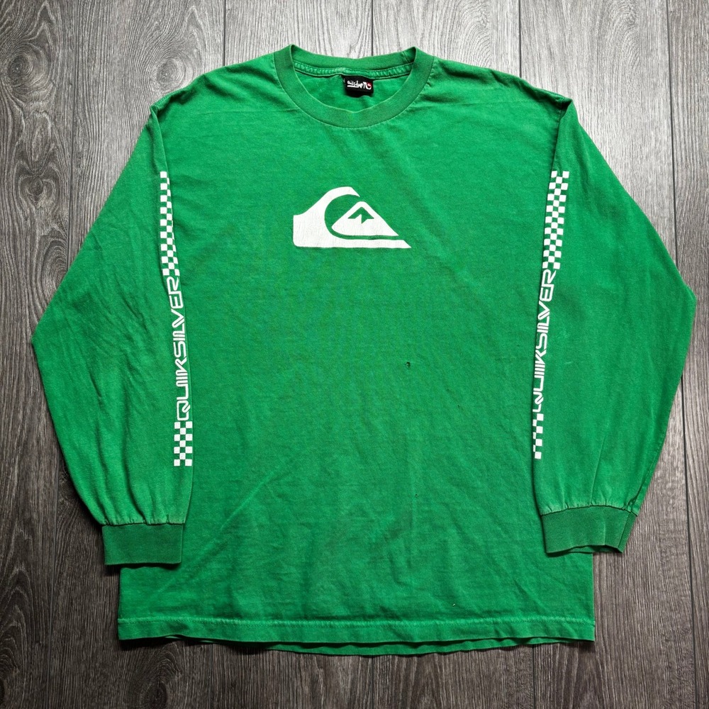 Vintage Quiksilver Long Sleeve Large Shirt Green Y2K Skate Checkered Logo Mens L